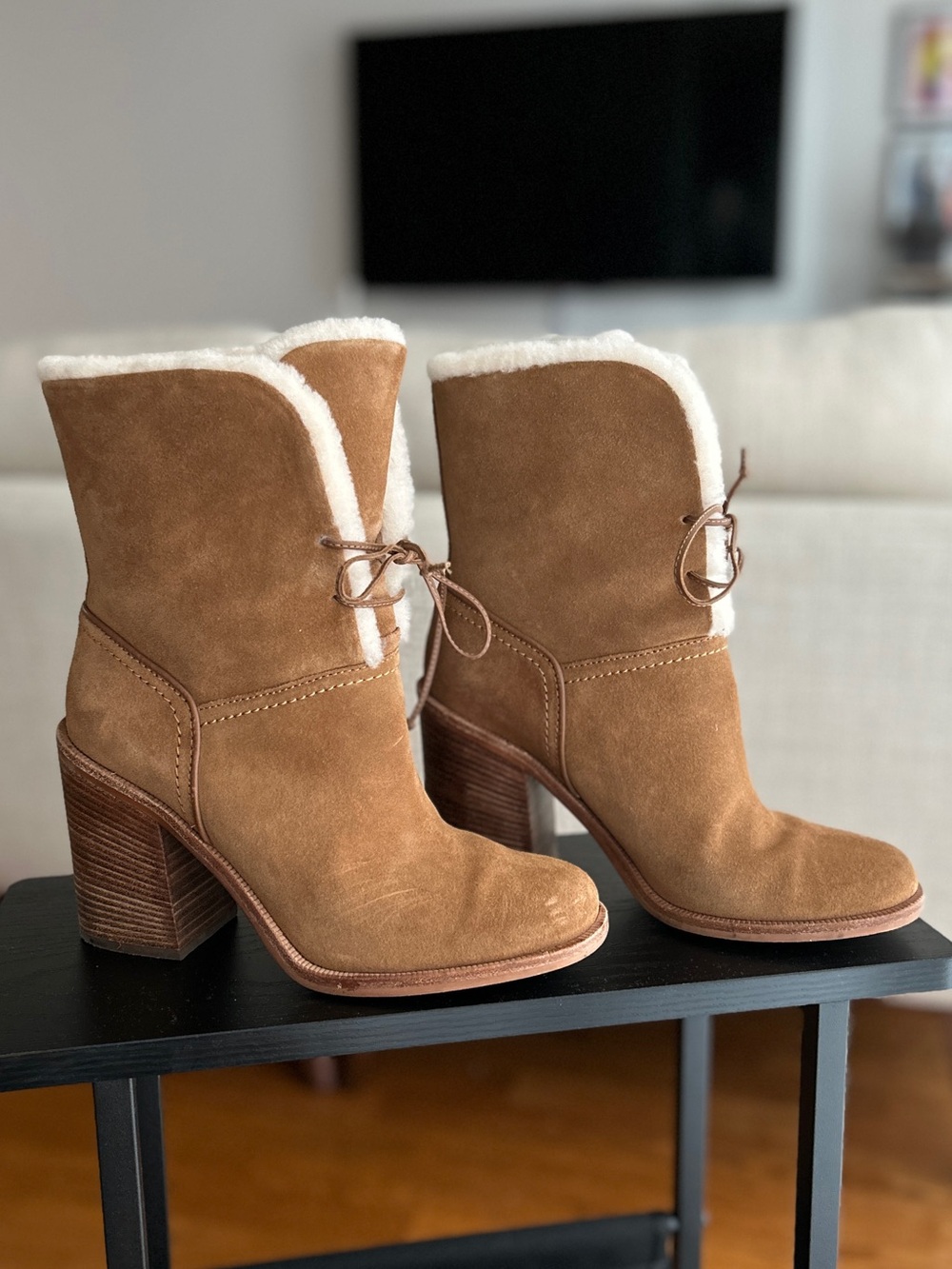 UGG Suede Shearling Block Heel Boot